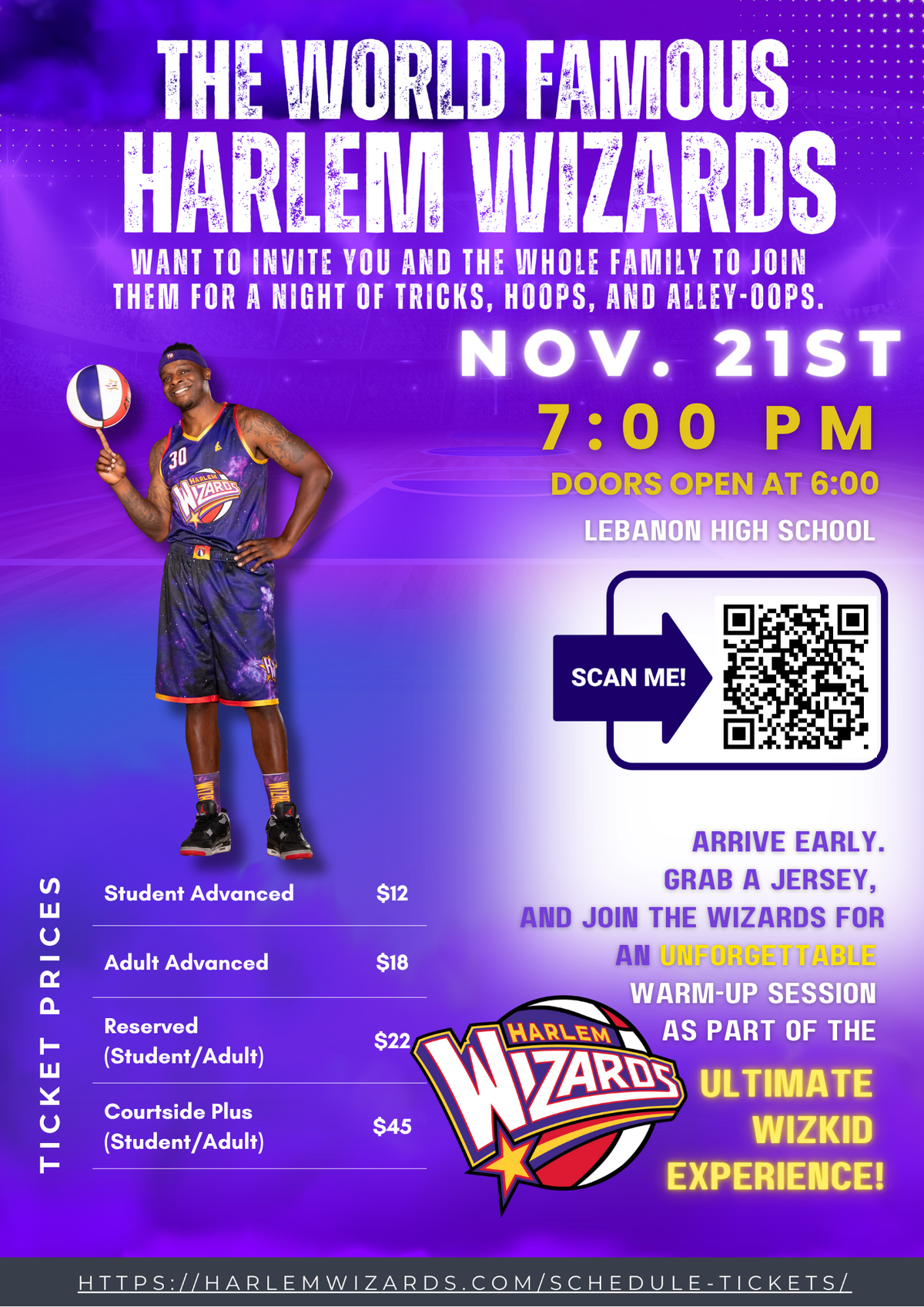Flyer for Harlem Wizards vs Lebanon Teachers basketball game November 21, 2025